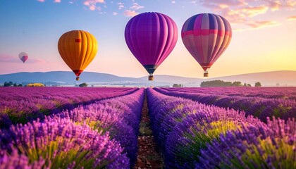 Hot Air Balloons over Lavender Fields at Sunrise