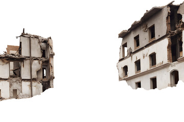 Ruined buildings with broken walls and windows isolated on a transparent background