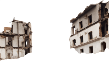 Ruined buildings with broken walls and windows isolated on a transparent background