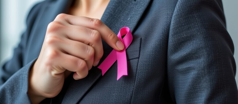 A person wearing a pink ribbon on a suit lapel.