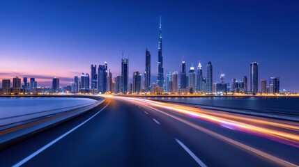 Vibrant Cityscape at Twilight with Skyscrapers and Light Trails