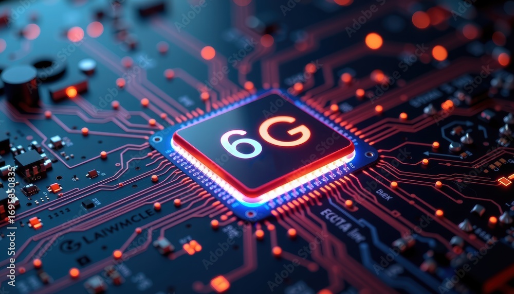 Poster close-up of a circuit board featuring a 6g processor chip.