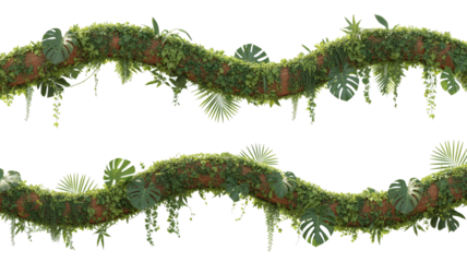 Two lush tropical vine isolated on transparent background, adorned with various green leaves and mossy texture