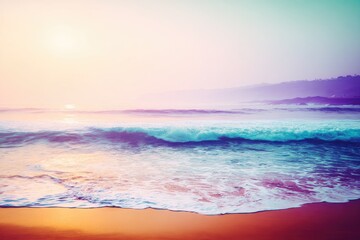 Colorful sunrise over a misty beach