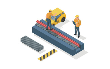 Isometric illustration of construction workers inspecting and managing steel rebars, featuring a yellow vehicle and safety equipment in a construction site setting