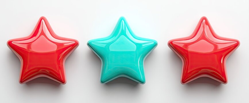 Three glossy, stylized stars in red and turquoise sit in a horizontal row against a plain white background