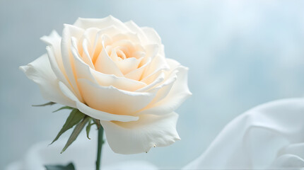 A single white rose with green stem against a soft light background