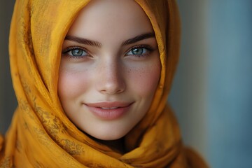 A stunning Arabic woman with a traditional headscarf and a beautiful, confident look in her eyes