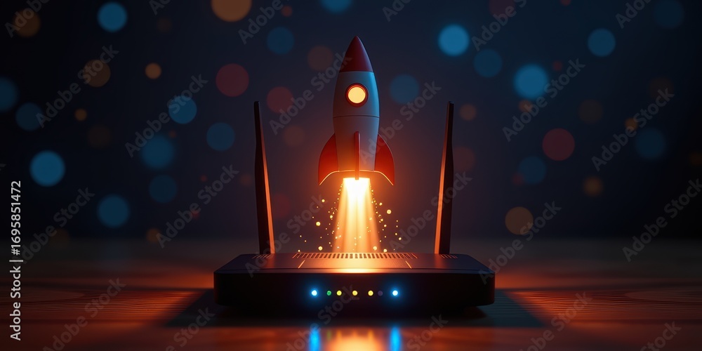 Poster Rocket launching from a router amidst colorful bokeh lights.