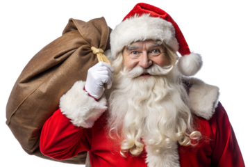 Santa Claus with Sack Holding Golden Key Isolated on Transparent Background