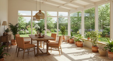 Obraz premium Bright Sunroom with Wooden Furniture and Indoor Plants