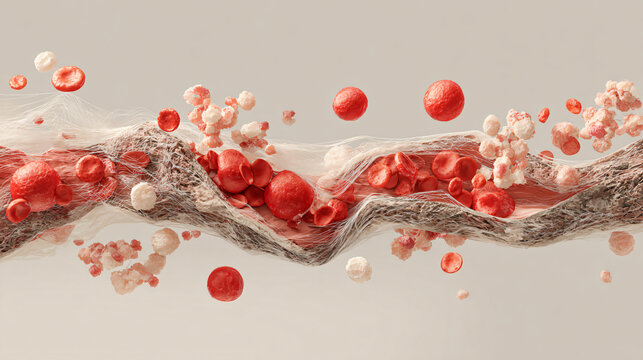 3D Render Red Blood Cells And Vessel Fibers