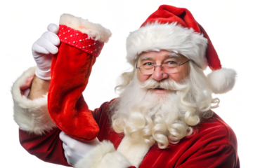 Santa Claus Holding a Red Christmas Stocking on transparent background holding red