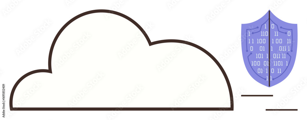 Poster cloud outline next to a shield covered in binary code, representing secure cloud storage and data sa