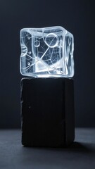 A single, perfectly clear, hand-carved ice cube resting like a flawless jewel on a dark slate surface, for luxury cocktails.