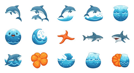 Fototapeta premium Collection of cartoon ocean animals including dolphins sharks and starfish