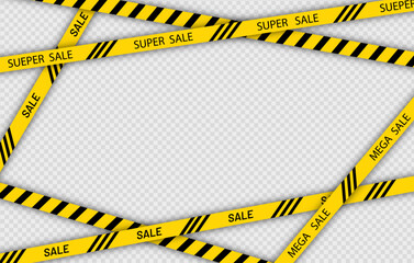 Super Sale promo yellow tape. Template with crossing realistic tapes for Black Friday. Discount ribbon banner with border for sale. Vector illustration.