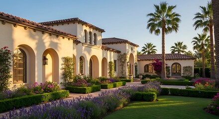 Spanish-style mansion with arched windows, lush gardens, and palm trees under a clear sky