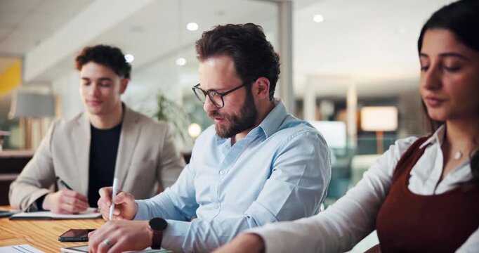 Conference, business people and team with question in office for meeting, finance or notes at night. Group, planning and hands up with manager in workshop for investment budget, answer and overtime