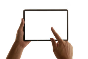Close up of hands holding and interacting with a modern blank tablet screen transparent background