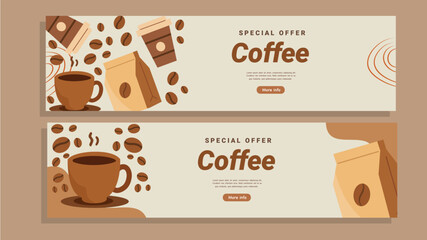 Coffee banner promotional design with cup bag beans flat style