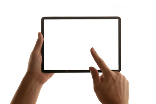 Close up of hands holding and interacting with a modern blank tablet screen transparent background