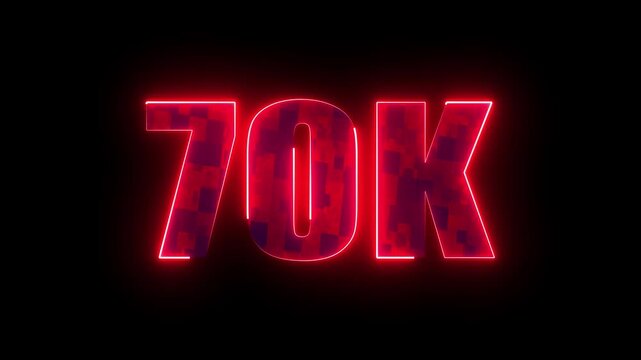 70k glowing neon number, digital futuristic typography milestone design for subscribers success, online social media celebration and community growth