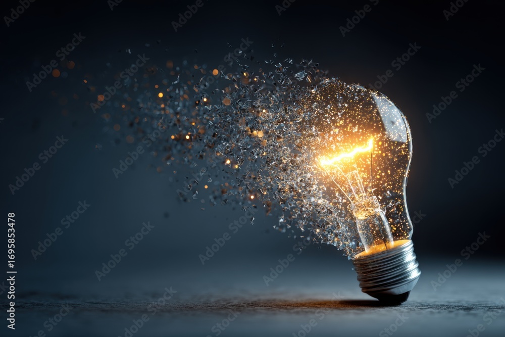 Poster shattering light bulb with glowing brightness and sparkling particles