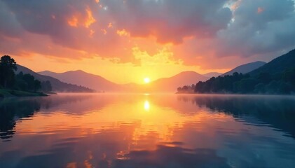 Naklejka premium Serene sunrise over a tranquil lake, reflecting the peaceful atmosphere of spiritual contemplation Ideal for meditation, mindfulness, yoga, and inner peace themes , contemplation, dawn