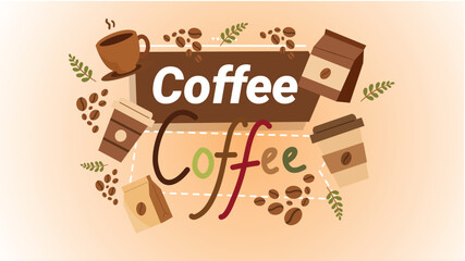 Coffee banner with cups beans leaves