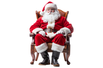 Santa Claus Sitting in Wooden Chair Relaxing and Smiling on Transparent Background