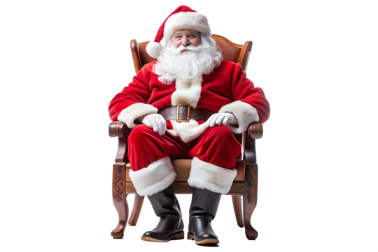 Santa Claus Sitting in Wooden Chair Relaxing and Smiling on Transparent Background