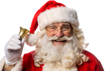 Smiling Santa Claus Ringing Golden Bell with Festive Cheer on transparent background