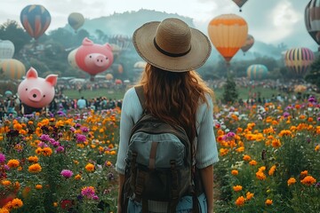 A little girl with a sun hat smiles in a summer garden, surrounded by flowers