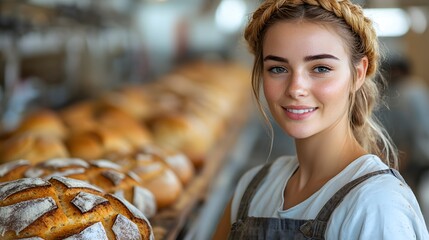 Smiling young woman stands near freshly baked artisan bread in a cozy bakery setting during daylight hours