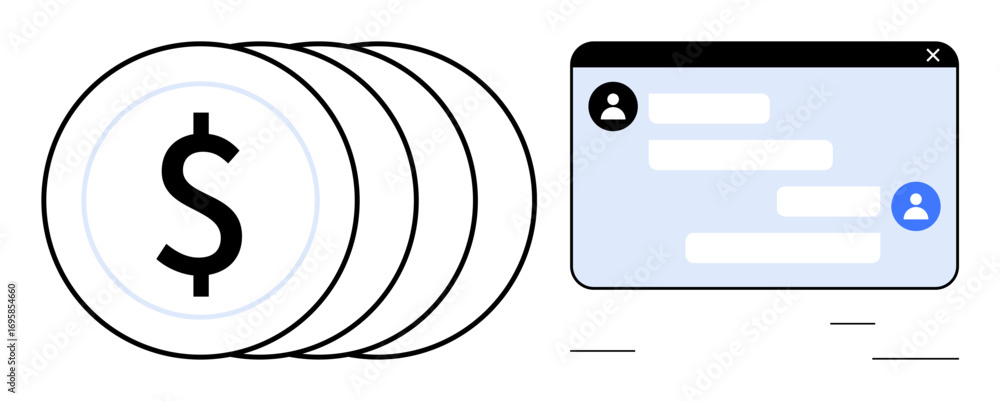 Aufkleber stack of coins with a dollar sign alongside a chat interface featuring user icons and text bubbles. 