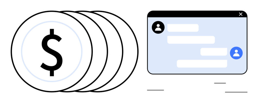 Stack of coins with a dollar sign alongside a chat interface featuring user icons and text bubbles. Ideal for finance, online support, banking, e-commerce, payment platforms, digital currency, simple