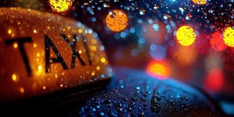 Rainy night scene with a glowing taxi cab sign in the city.