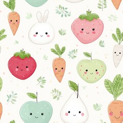 Fototapeta premium Cute Pattern of Cartoon Fruits and Vegetables with Smiling Faces