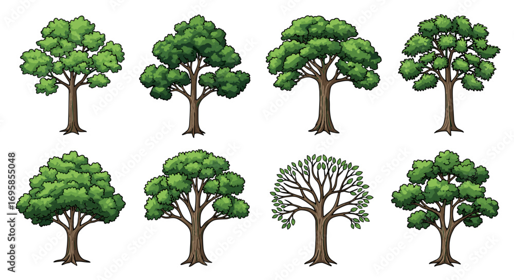 Poster Illustration showing a set of eight trees with varying shapes and sizes