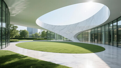 The exterior space of a modern building with a curved shape and a huge glass curtain wall located in the garden