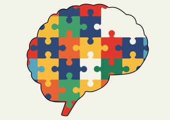 Brain made of colorful puzzle pieces, representing the concept of neurodiversity, mental health, learning, mental problems
