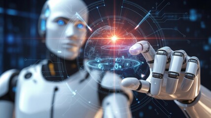 AI Robot Touching Digital Globe Future Technology