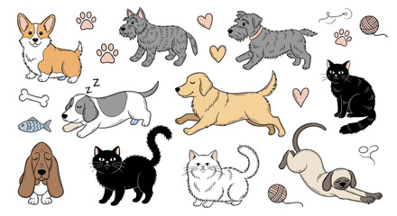 Collection of cartoon dogs and cats with paw prints and yarn balls