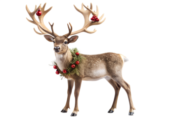 Reindeer with Christmas Decorations Standing Tall on Transparent Background