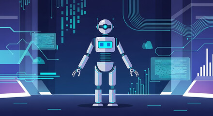 A futuristic robot standing in a high tech environment with data and digital elements around it ai generated