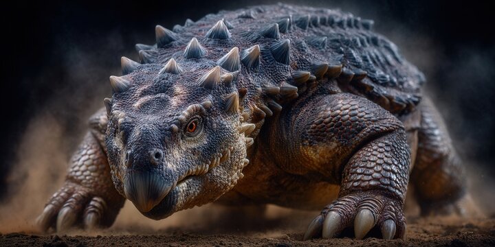 An imposing Ankylosaurus stomps across the sandy terrain, showcasing its powerful build and armor.
