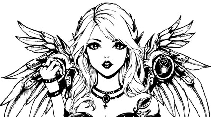 A hand-drawn sketch in classic black and white showcases a celestial cyberpunk goddess with platinum hair like liquid moonlight, emitting silver and pale gold highlights