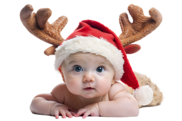Adorable Baby Wearing Santa Hat and Reindeer Antlers on Transparent Background