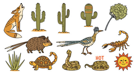 Illustration of desert wildlife including coyote, cacti, and roadrunner